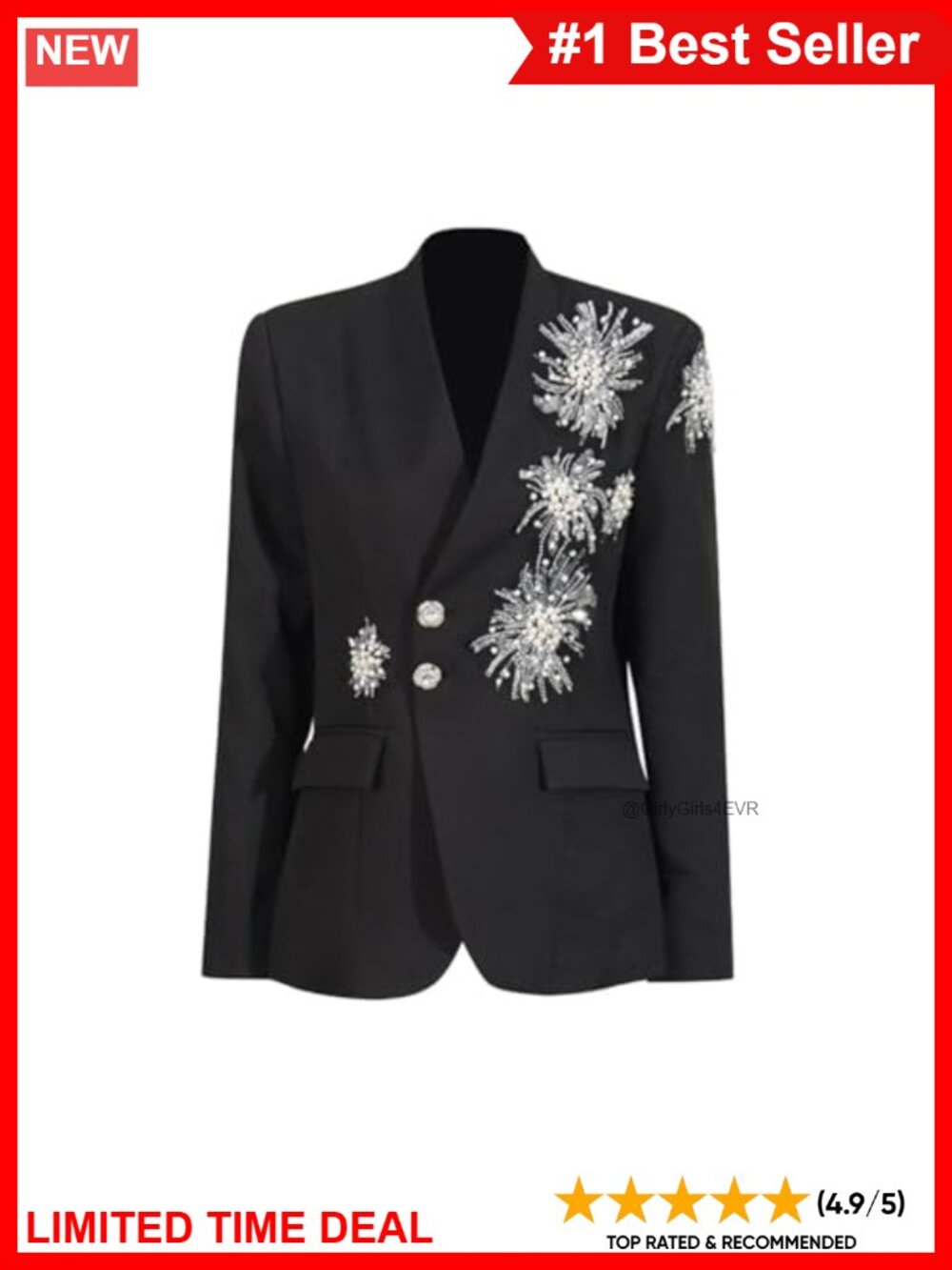 Studded Crystal Embellished Blazer Jacket Long Sleeve Formal Suit